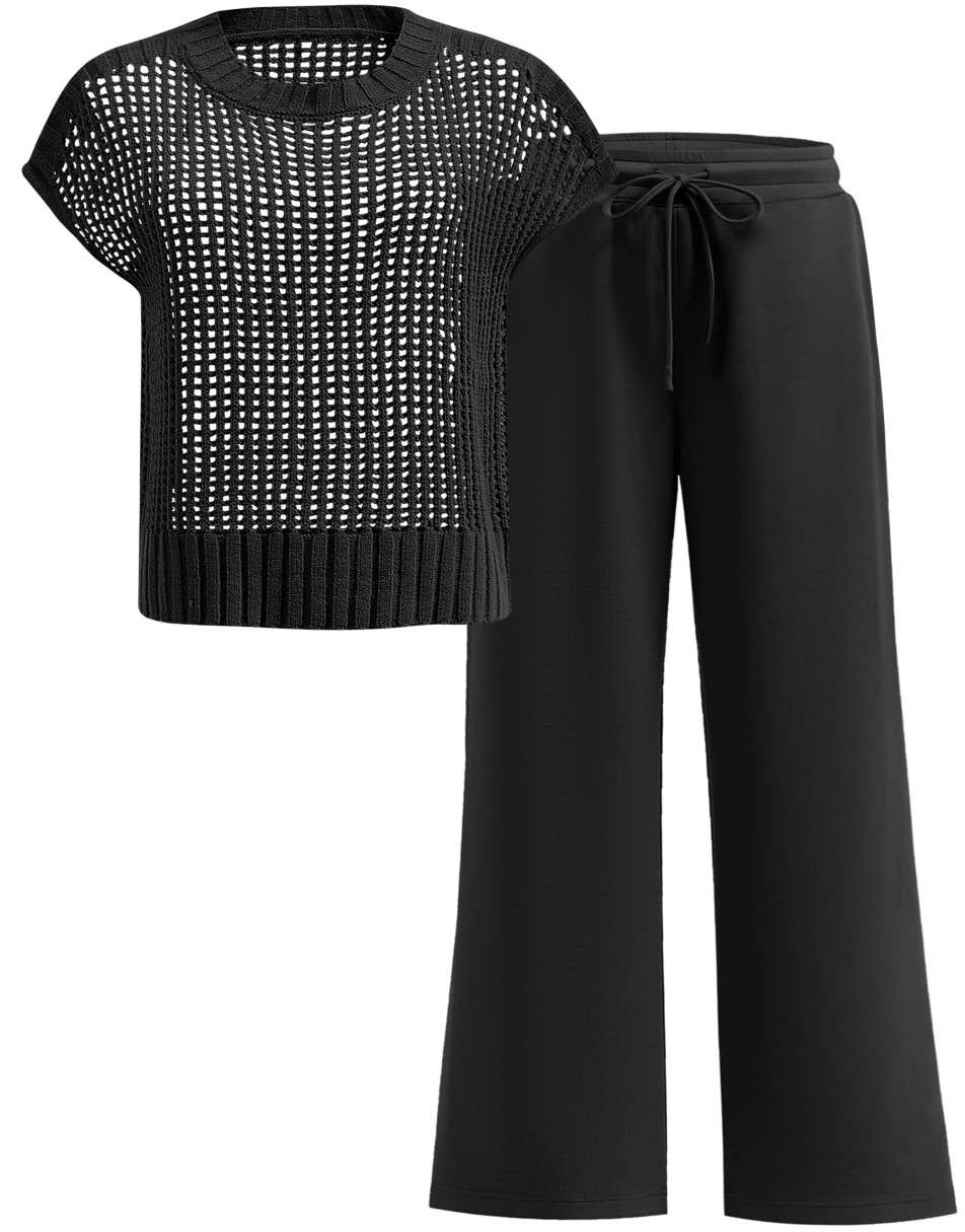Conjunto Mavarina Crochê: Blusa Vazada e Calça Wide Leg Sofisticada