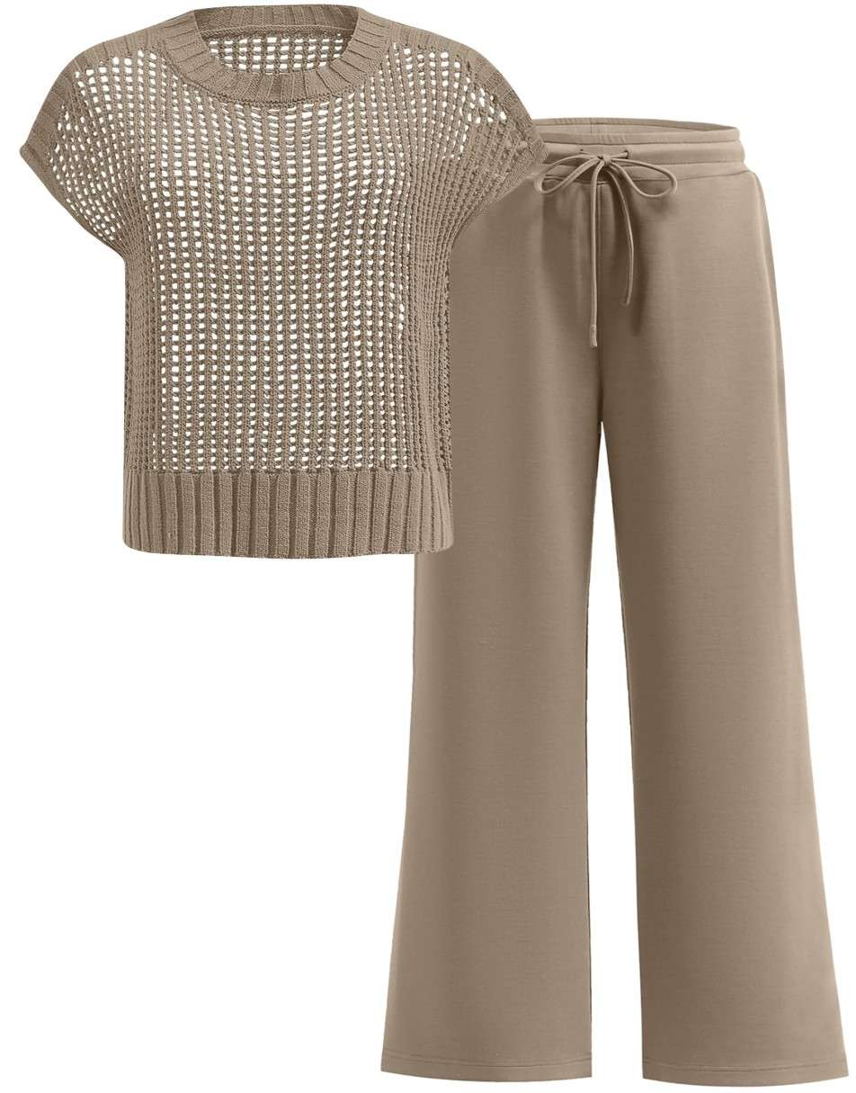 Conjunto Mavarina Crochê: Blusa Vazada e Calça Wide Leg Sofisticada