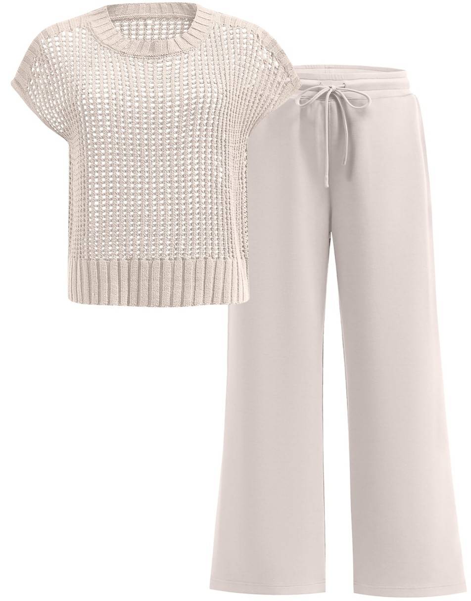 Conjunto Mavarina Crochê: Blusa Vazada e Calça Wide Leg Sofisticada