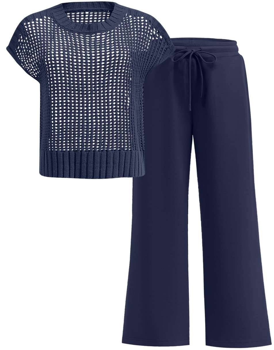 Conjunto Mavarina Crochê: Blusa Vazada e Calça Wide Leg Sofisticada