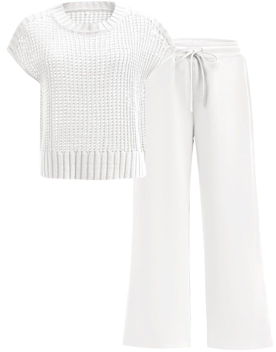 Conjunto Mavarina Crochê: Blusa Vazada e Calça Wide Leg Sofisticada