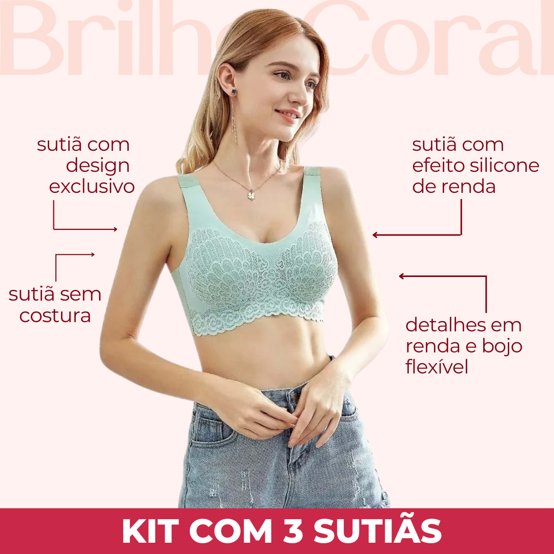 Sutiã Sem Costura Efeito Silicone de Renda  - Kit 3 Peças